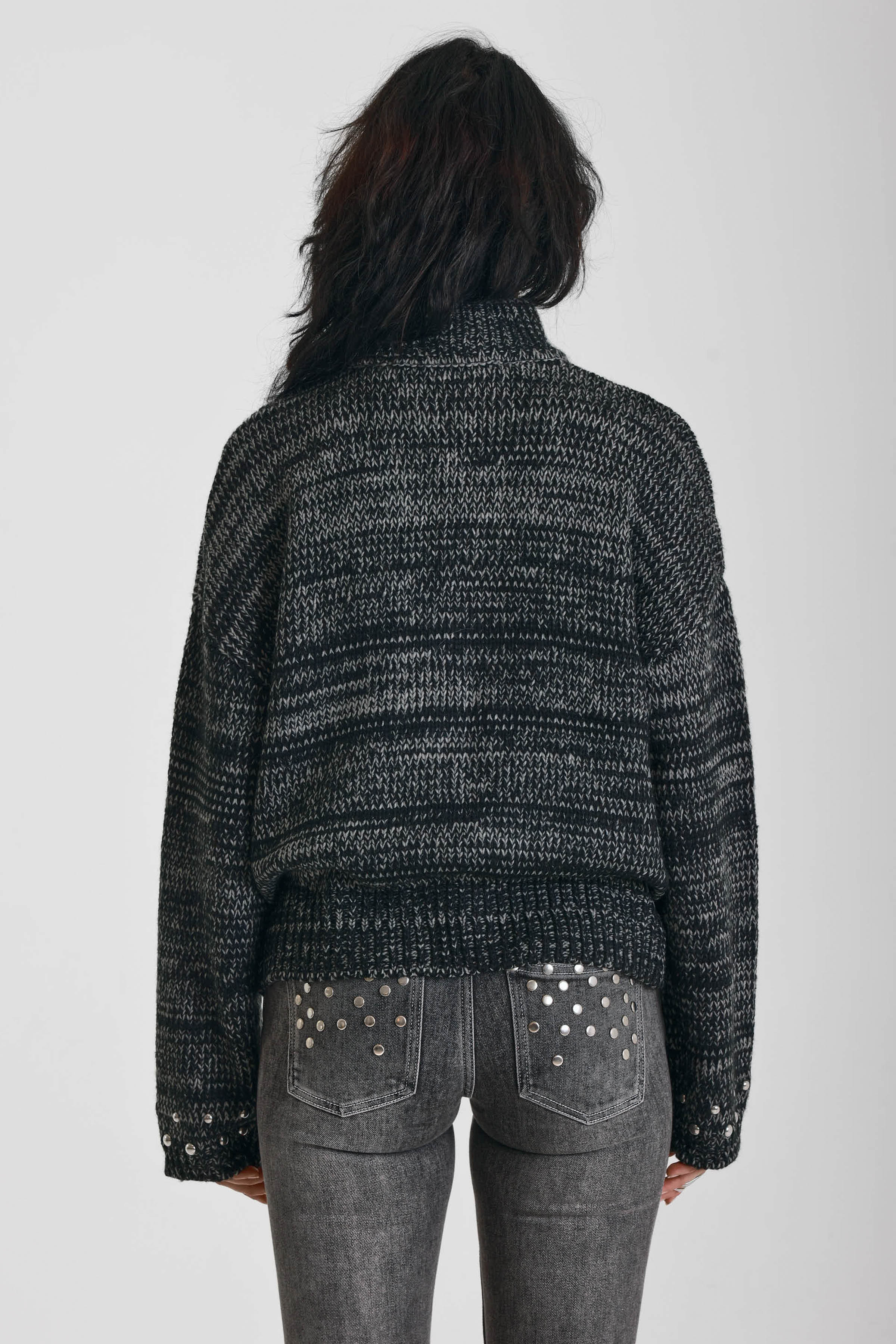 Black and grey chunky spacedye knit zip through cardigan with silver studs, worn by model