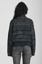 Black and grey chunky spacedye knit zip through cardigan with silver studs, worn by model