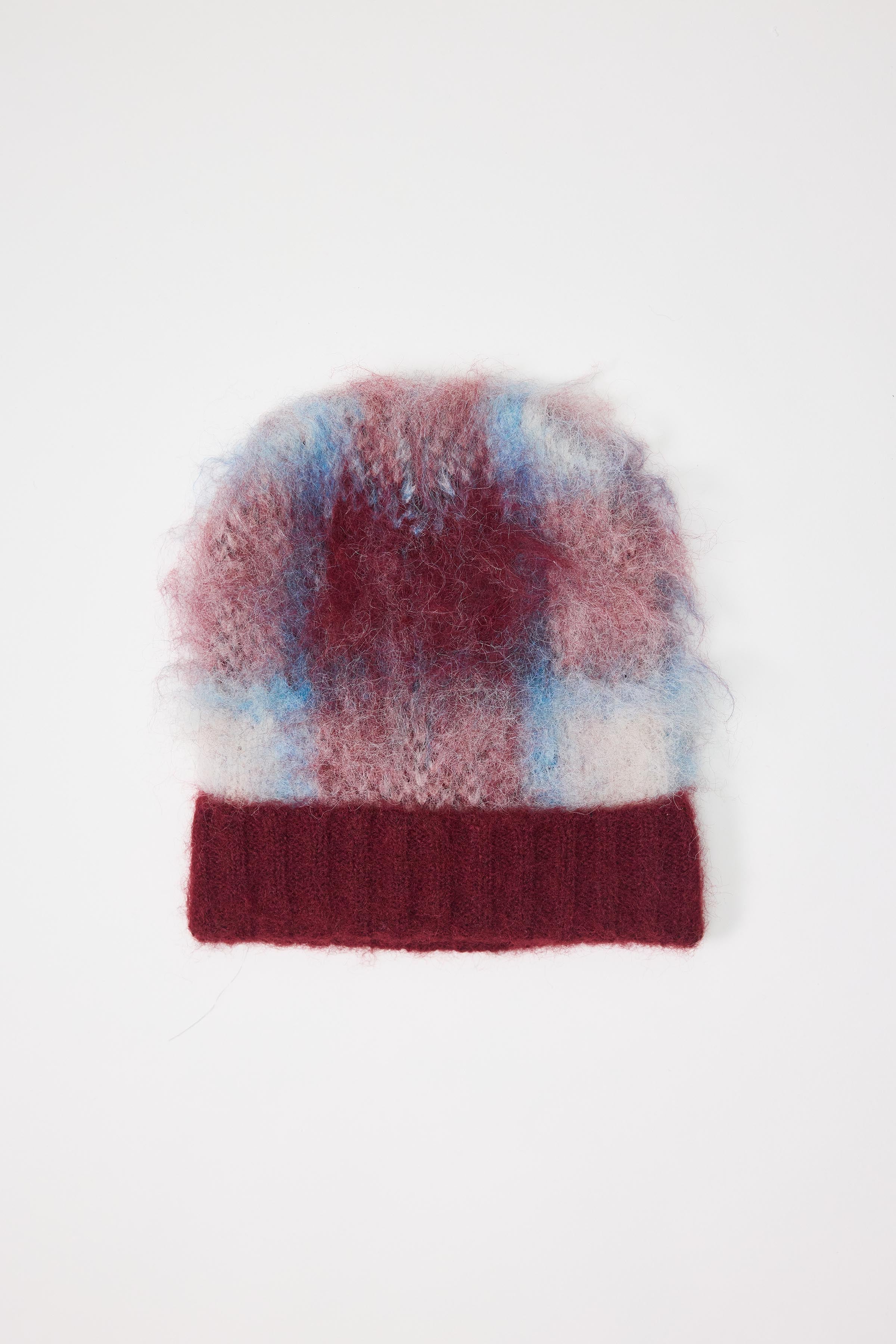 Red and blue check fuzzy knitted beanie winter hat