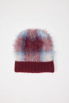 Red and blue check fuzzy knitted beanie winter hat