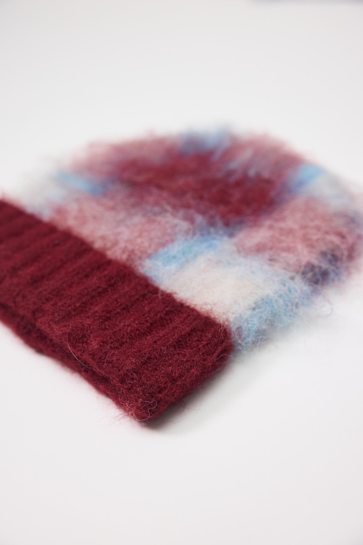 Red and blue check fuzzy knitted beanie winter hat