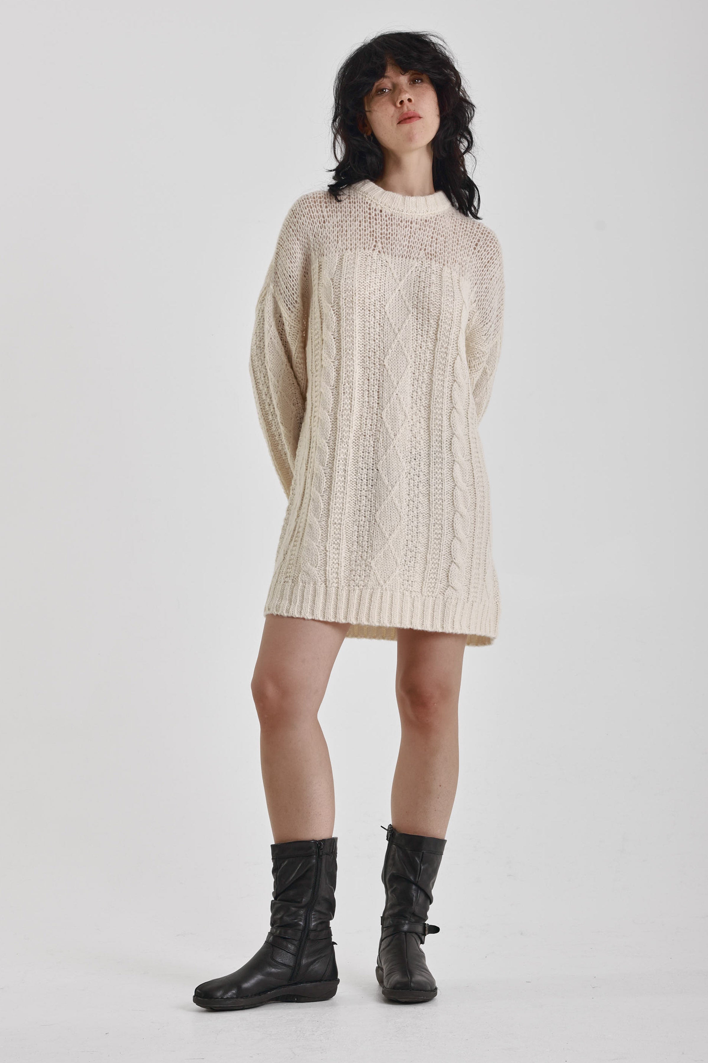 Ecru cable knit chunky knitted mini dress, worn by model