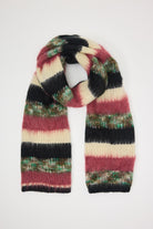 Mixed black, cream, pink and green stripe textured knit oversized blanket scarf, worn by model.