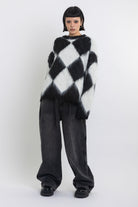 Black and white diamond argyle check fluffy knit oversized jumper, worn by model