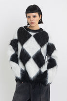 Black and white diamond argyle check fluffy knit oversized jumper, worn by model