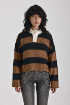Black and brown stripe rugby polo knit jumper with varsity back print, worn by model