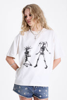 White oversized t-shirt with skeleton jester graphic print, worn by model