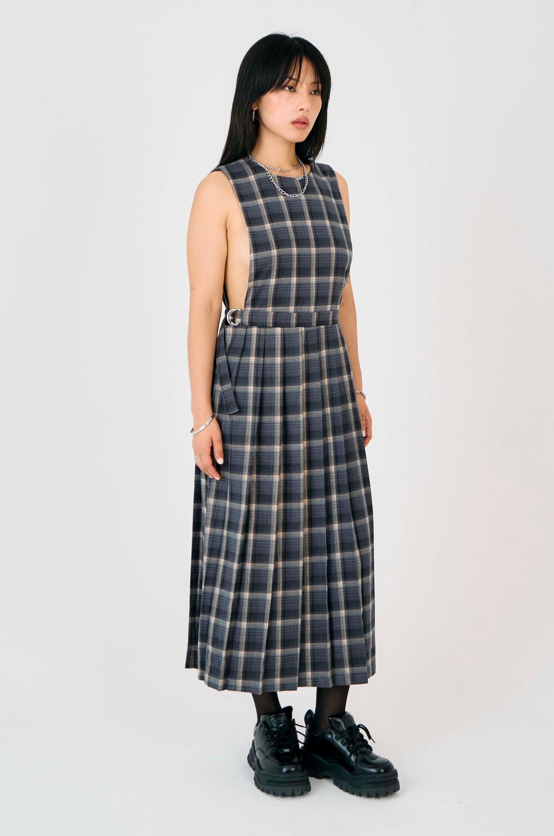 grey check pinafore dress Wool Autumn Midi Dress