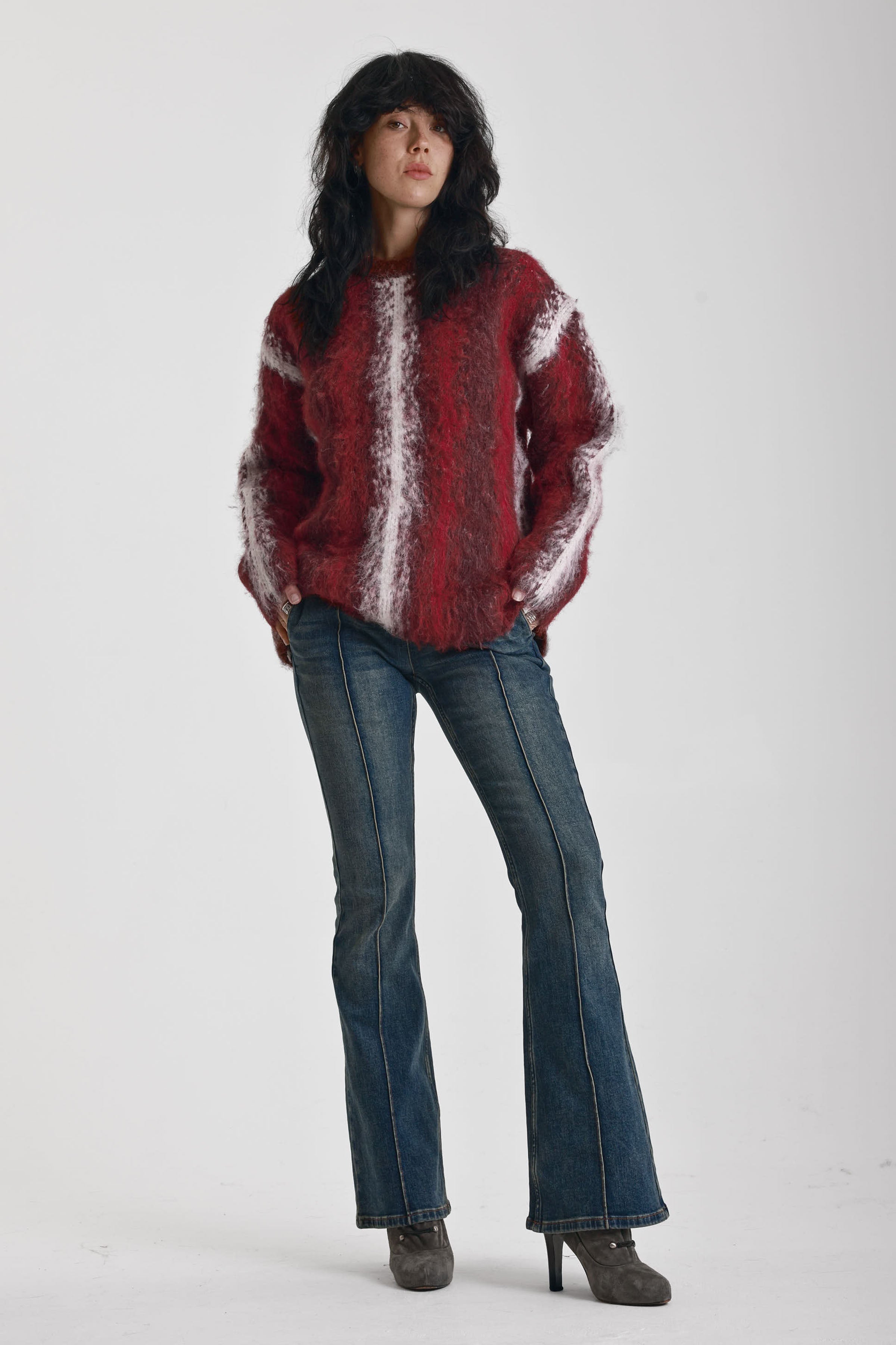 Red and white vertical stripe oversized knit jumper in fluffy brushed yarn, worn by model
