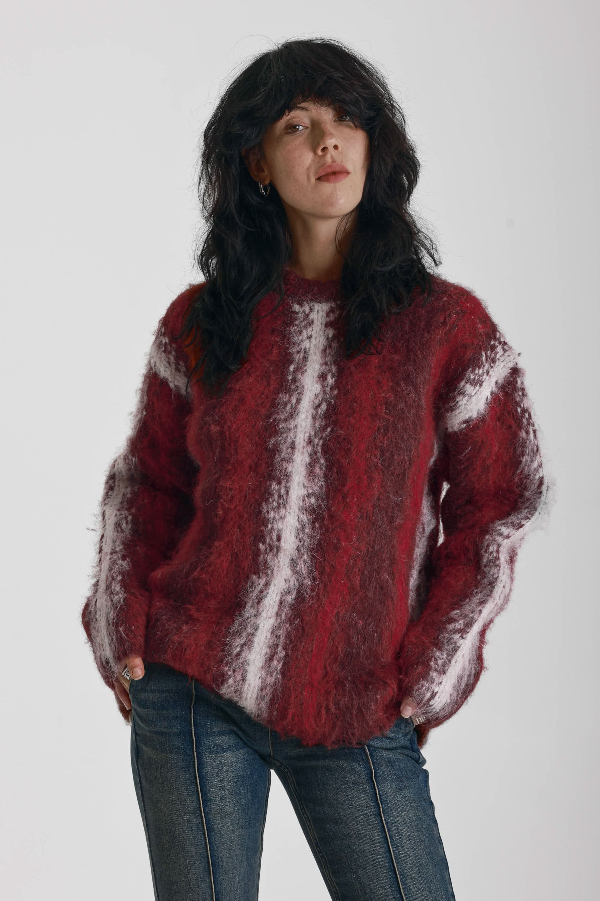 Red and white vertical stripe oversized knit jumper in fluffy brushed yarn, worn by model