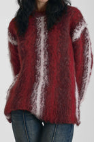 Red and white vertical stripe oversized knit jumper in fluffy brushed yarn, worn by model