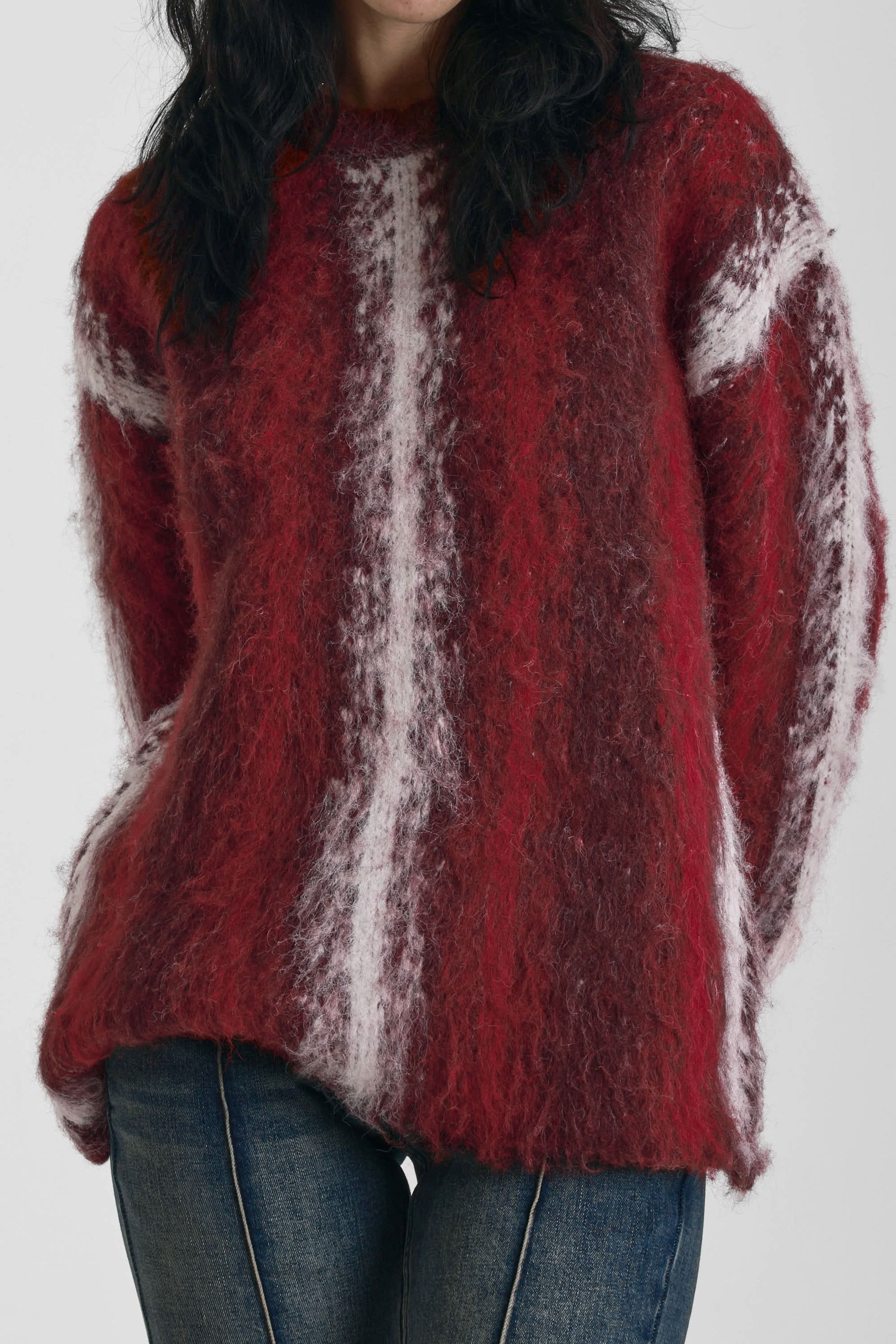 Red and white vertical stripe oversized knit jumper in fluffy brushed yarn, worn by model