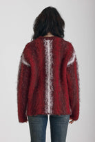 Red and white vertical stripe oversized knit jumper in fluffy brushed yarn, worn by model