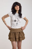 White shrunken baby t-shirt with rosary pendant cross necklace graphic, worn by a model