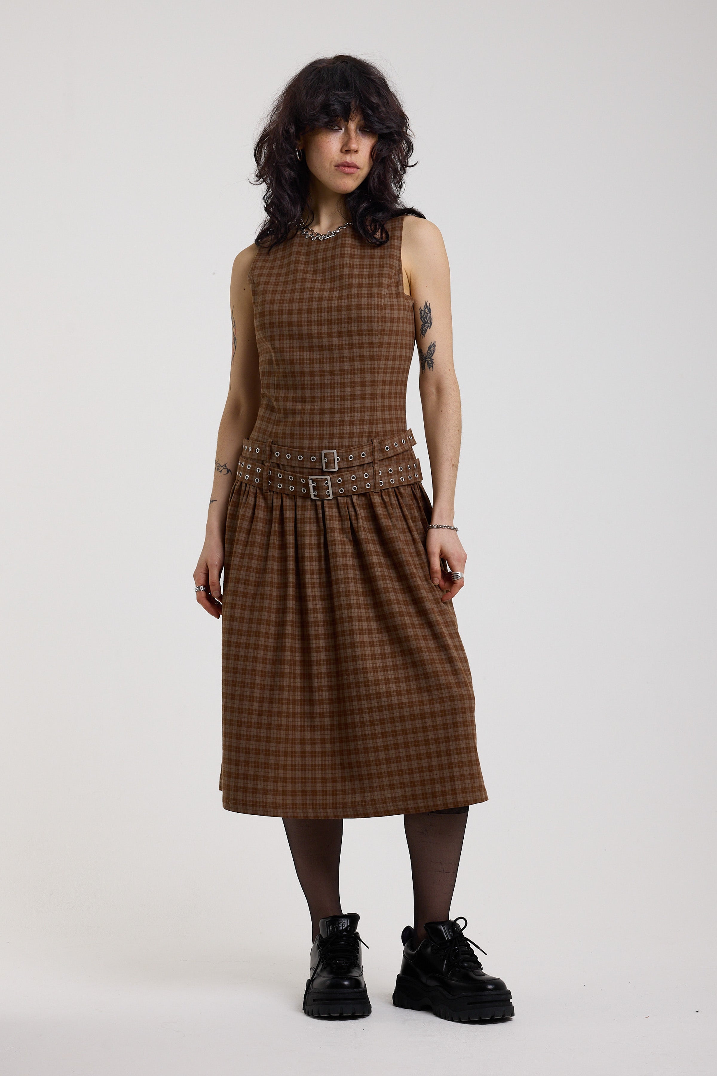 Brown tartan check midi dress with double eyelet belt and full skirt, worn by model