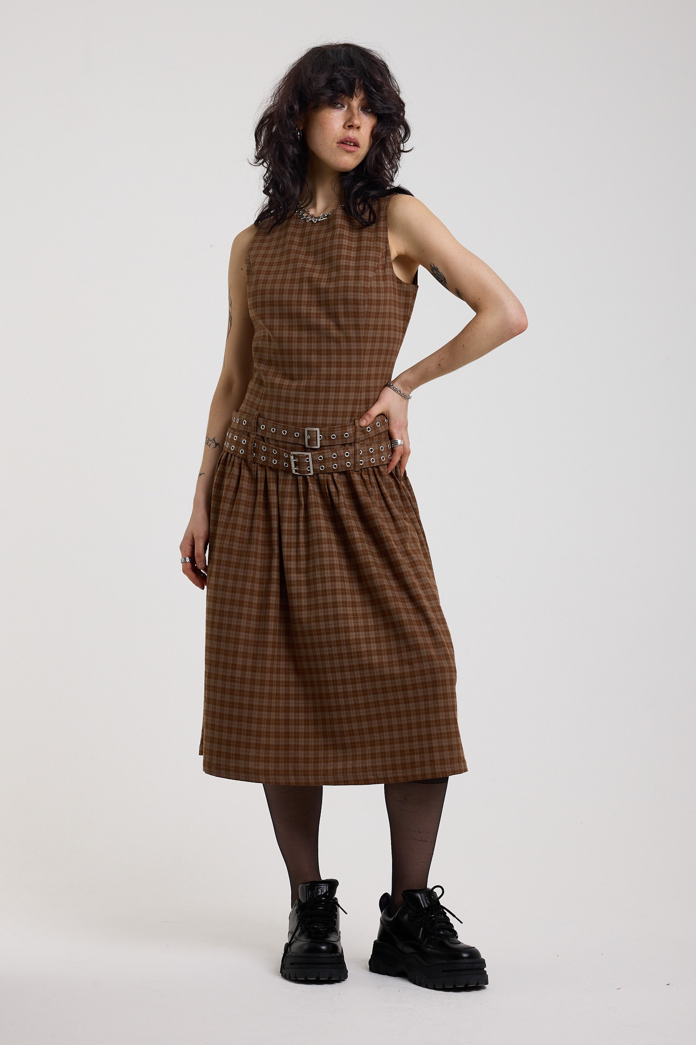Brown tartan check midi dress with double eyelet belt and full skirt, worn by model