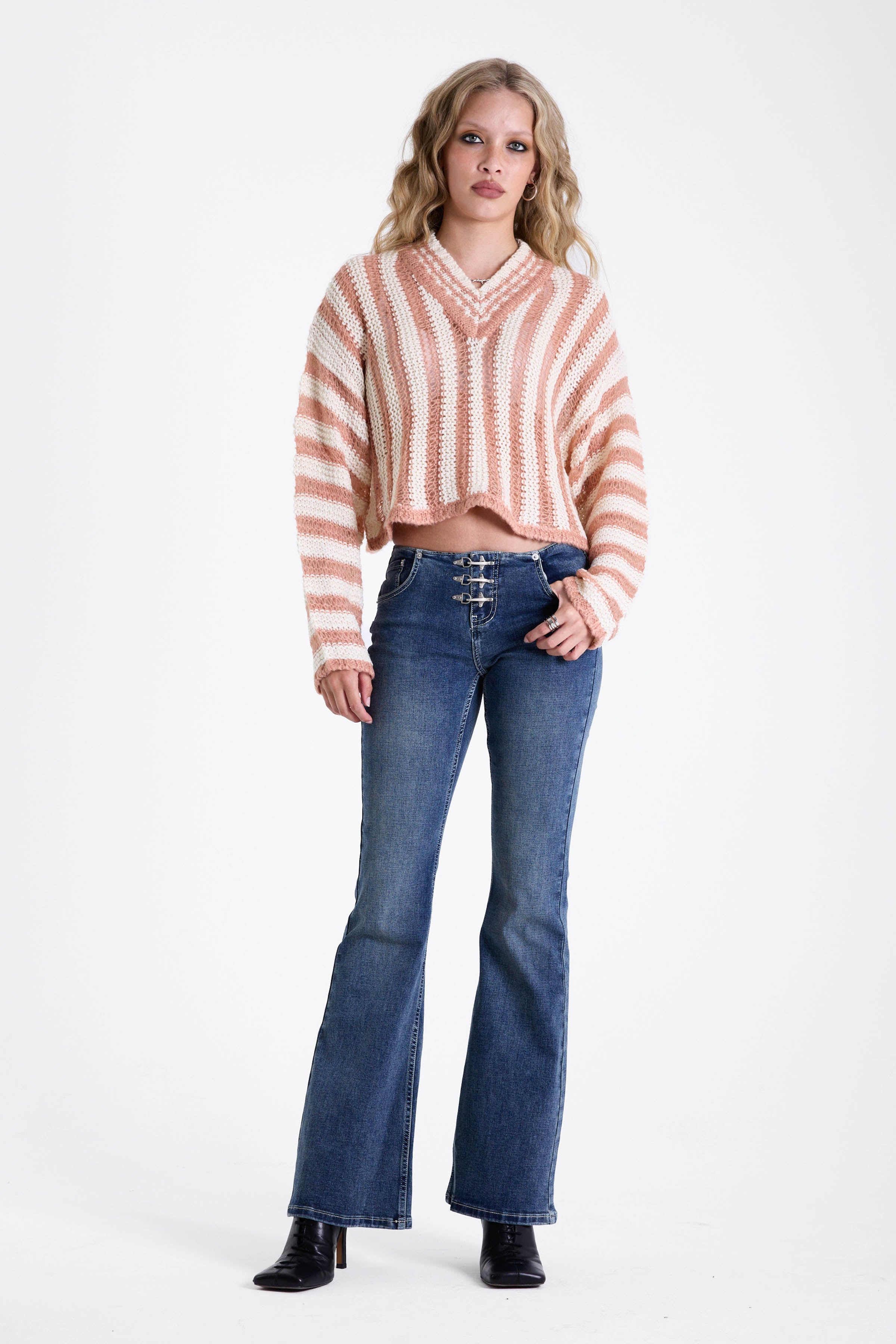 Pink and white stripe open knit v-neck jumper, worn by model