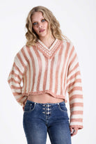 Pink and white stripe open knit v-neck jumper, worn by model