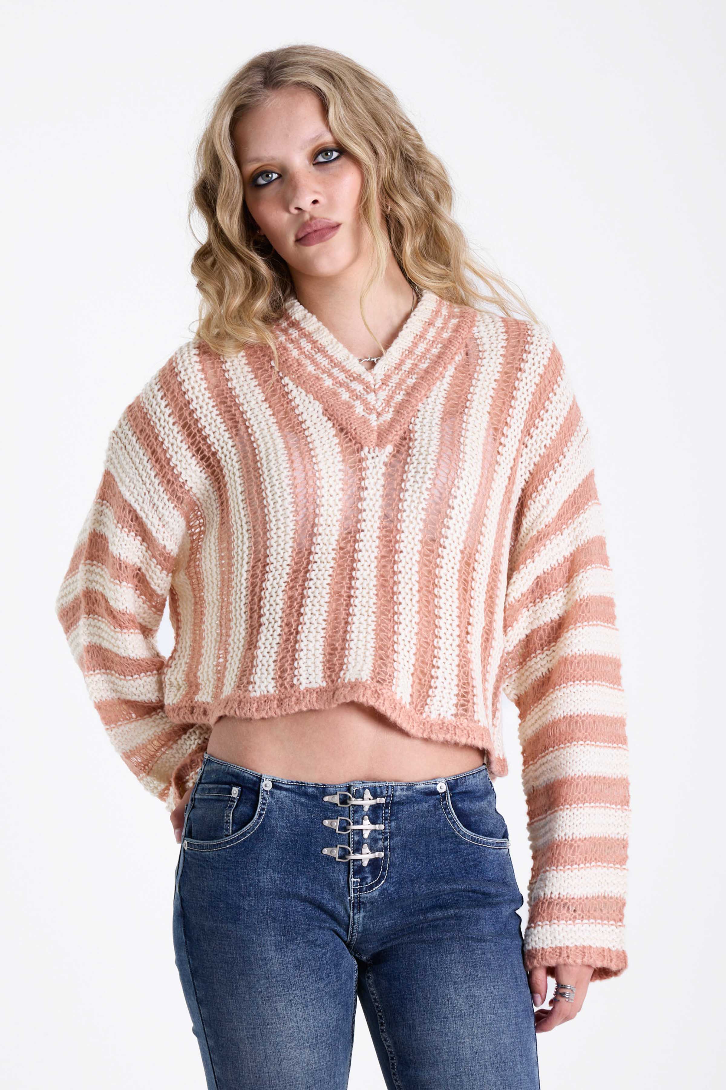 Pink and white stripe open knit v-neck jumper, worn by model