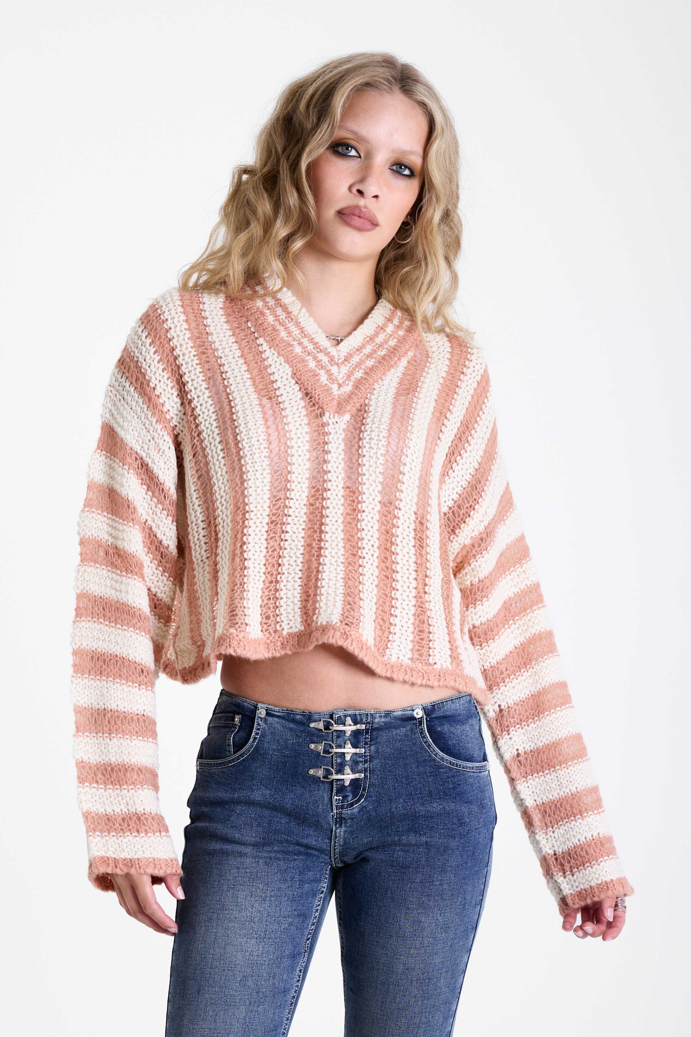 Pink and white stripe open knit v-neck jumper, worn by model