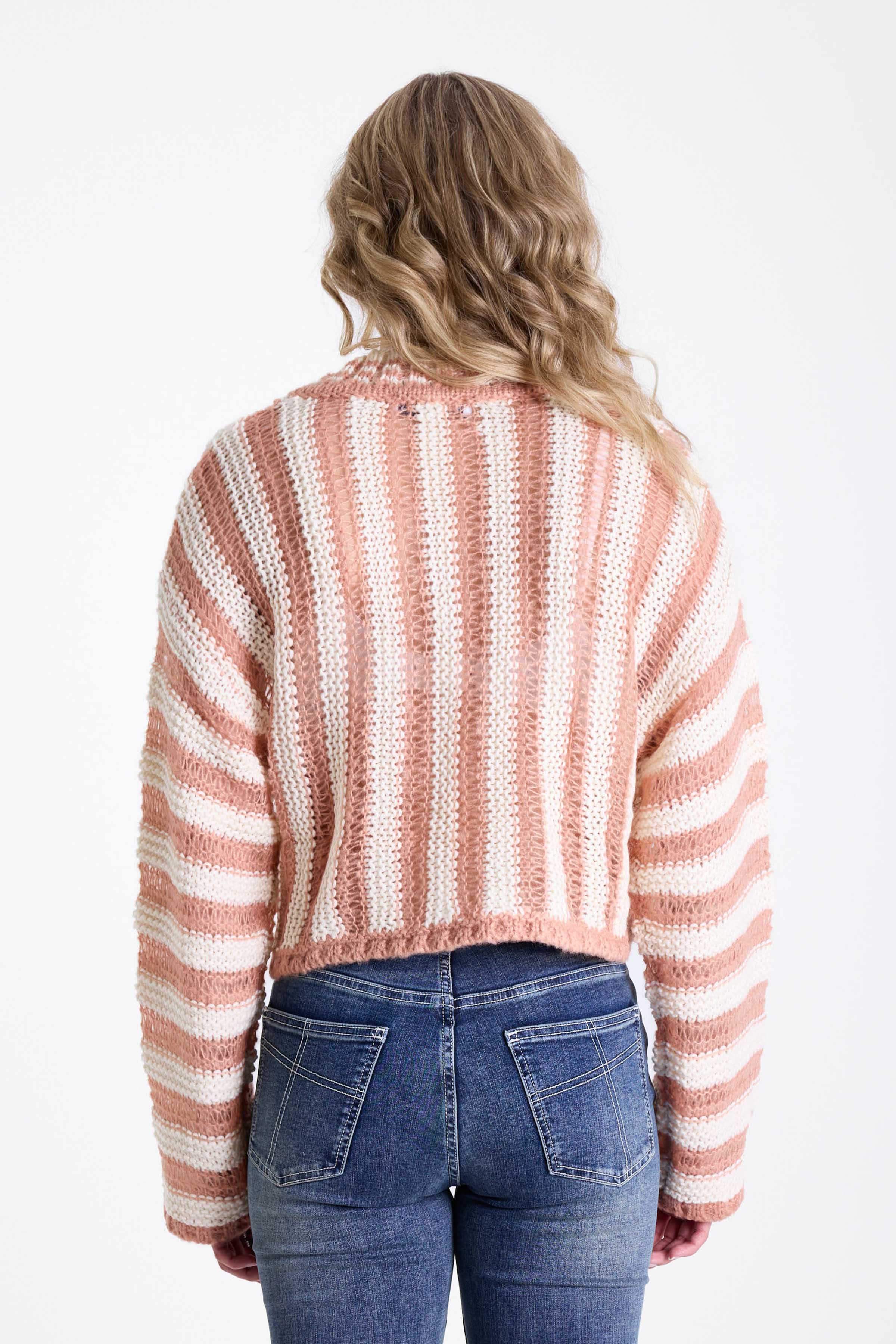 Pink and white stripe open knit v-neck jumper, worn by model