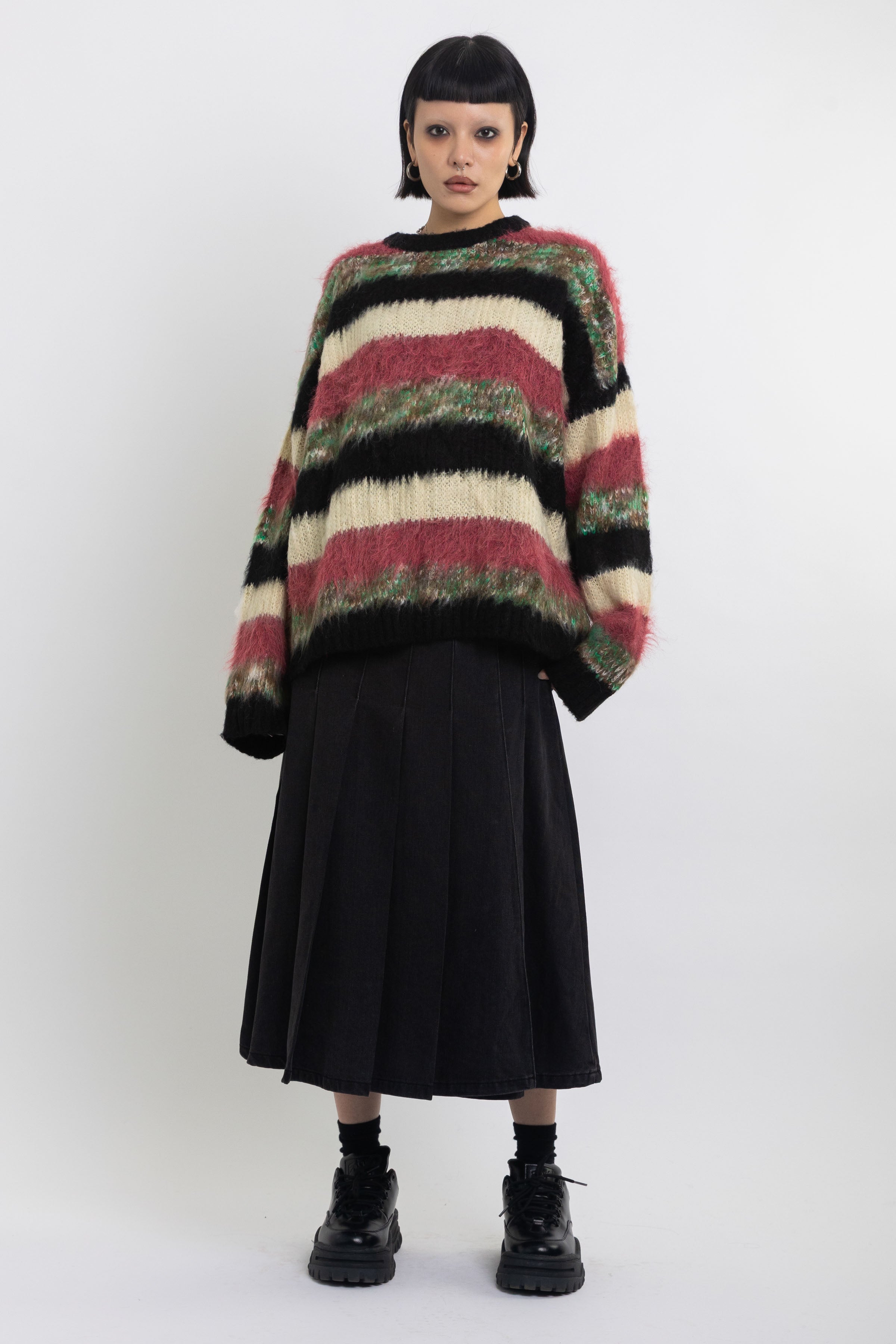 Mixed textured stripe oversized knit jumper, worn by model