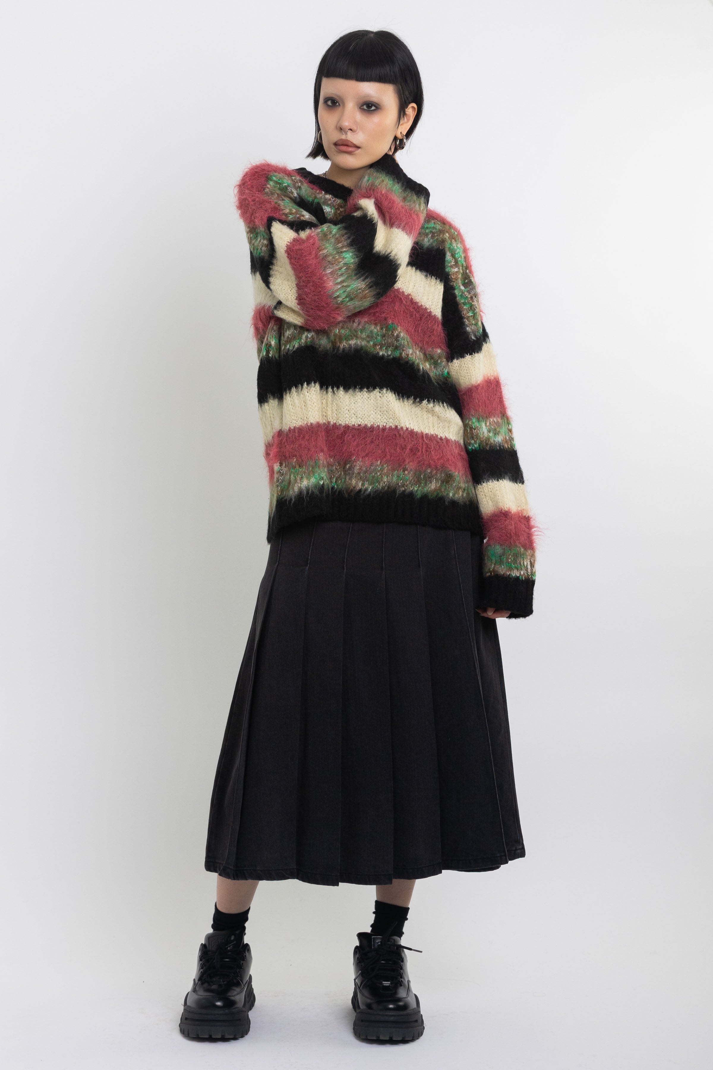 Mixed textured stripe oversized knit jumper, worn by model
