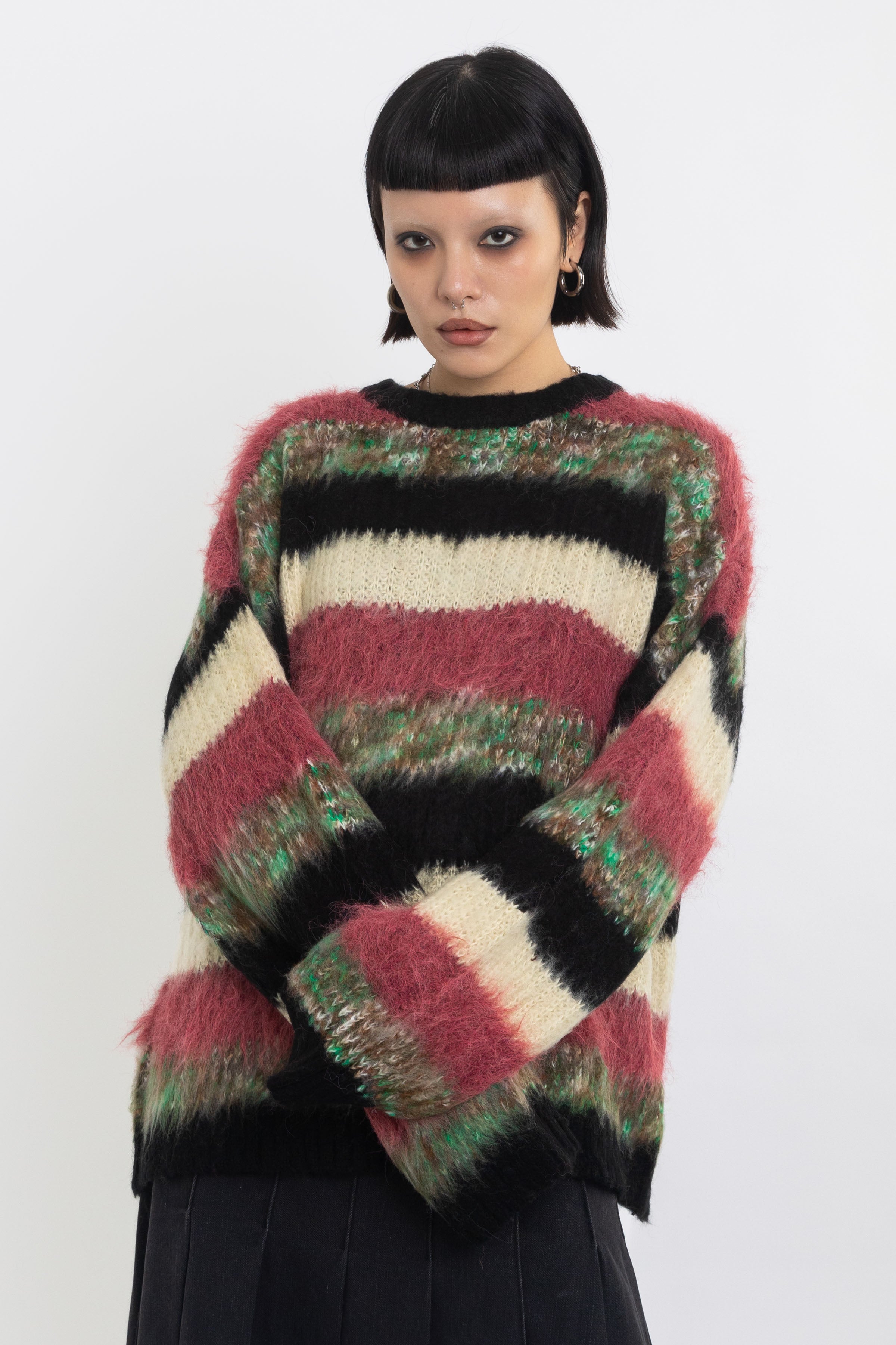 Mixed textured stripe oversized knit jumper, worn by model