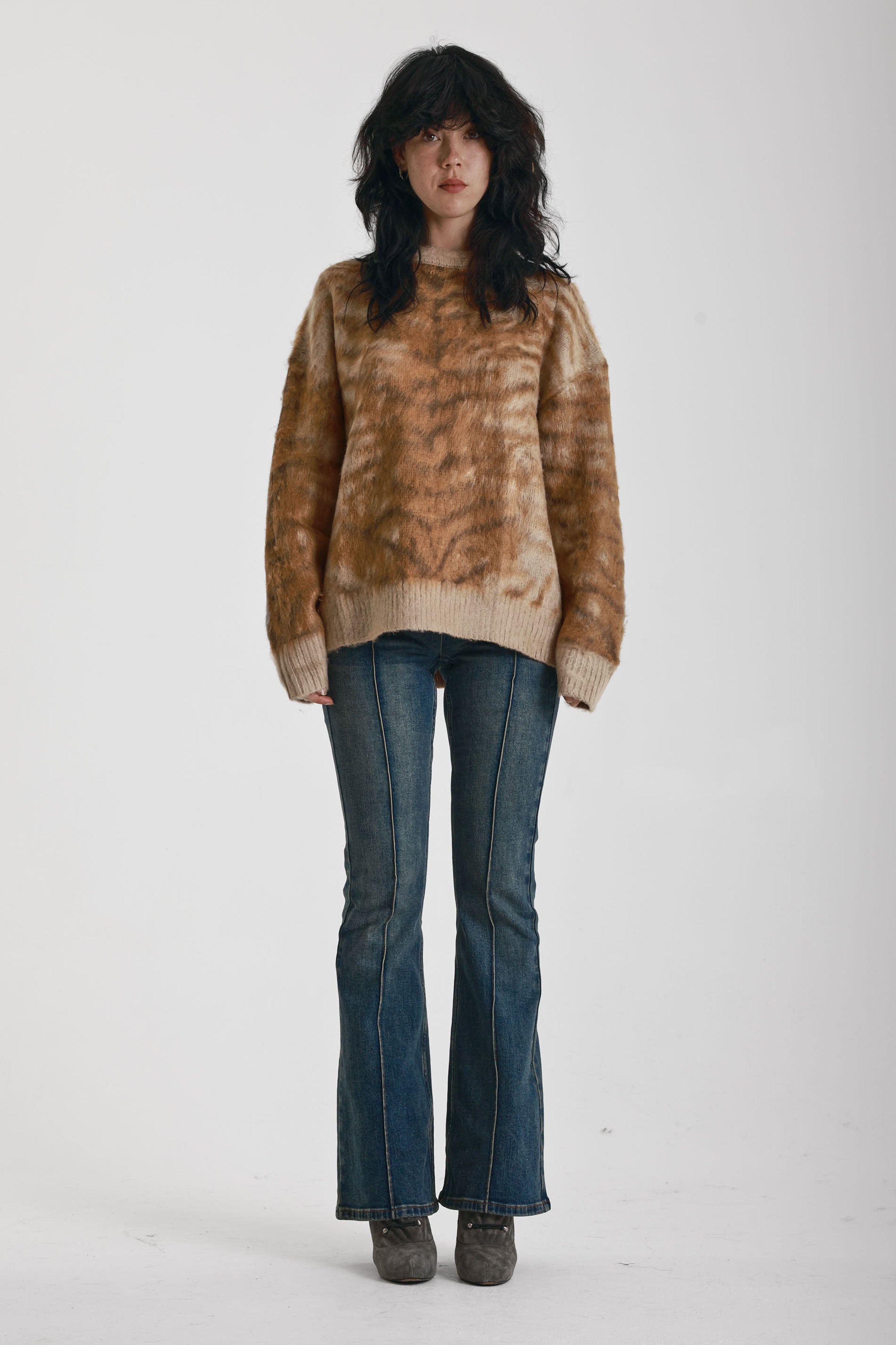 Brown tiger print fluffy knit oversized jumper, worn by model