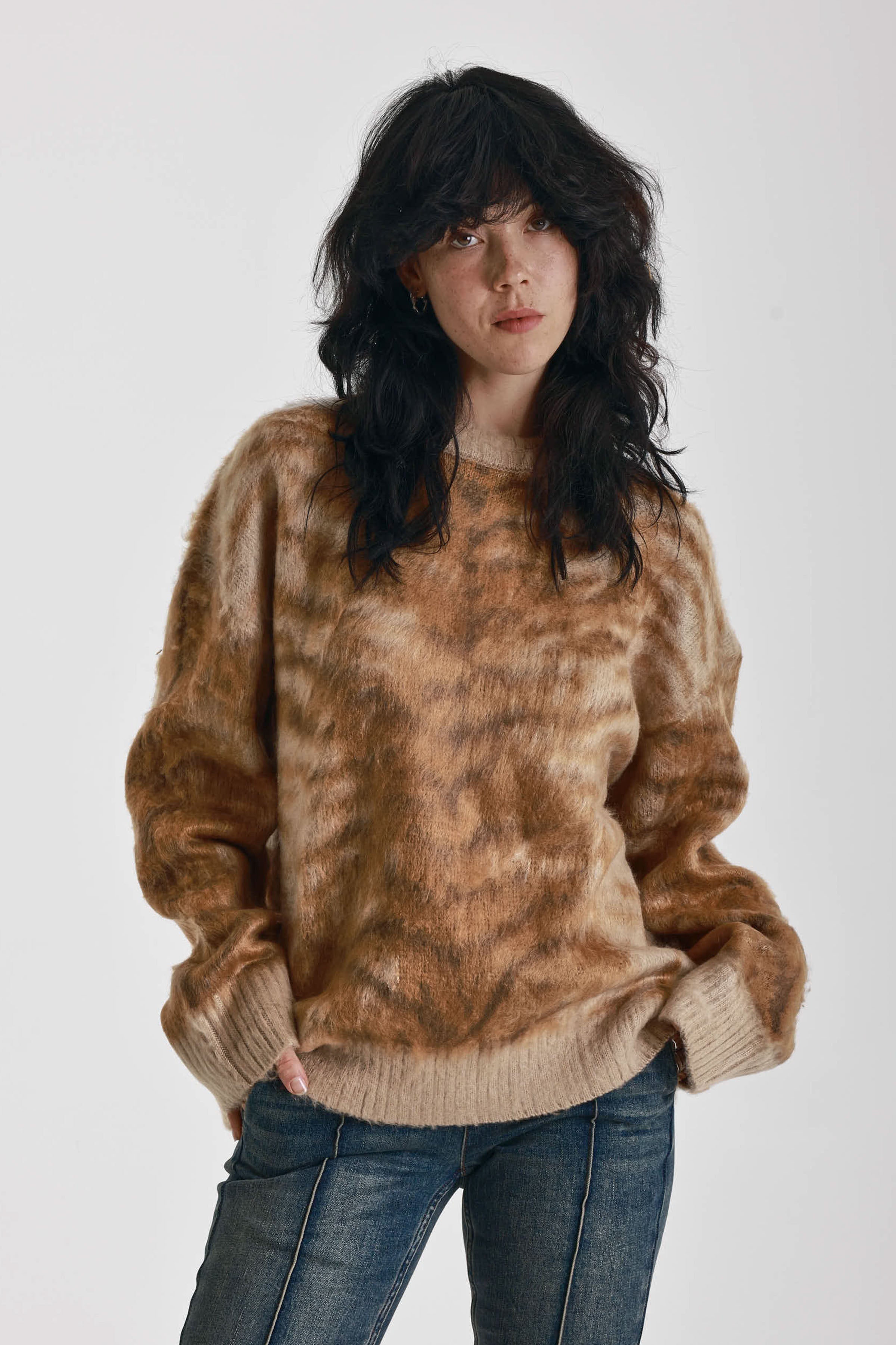 Brown tiger print fluffy knit oversized jumper, worn by model