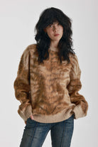 Brown tiger print fluffy knit oversized jumper, worn by model
