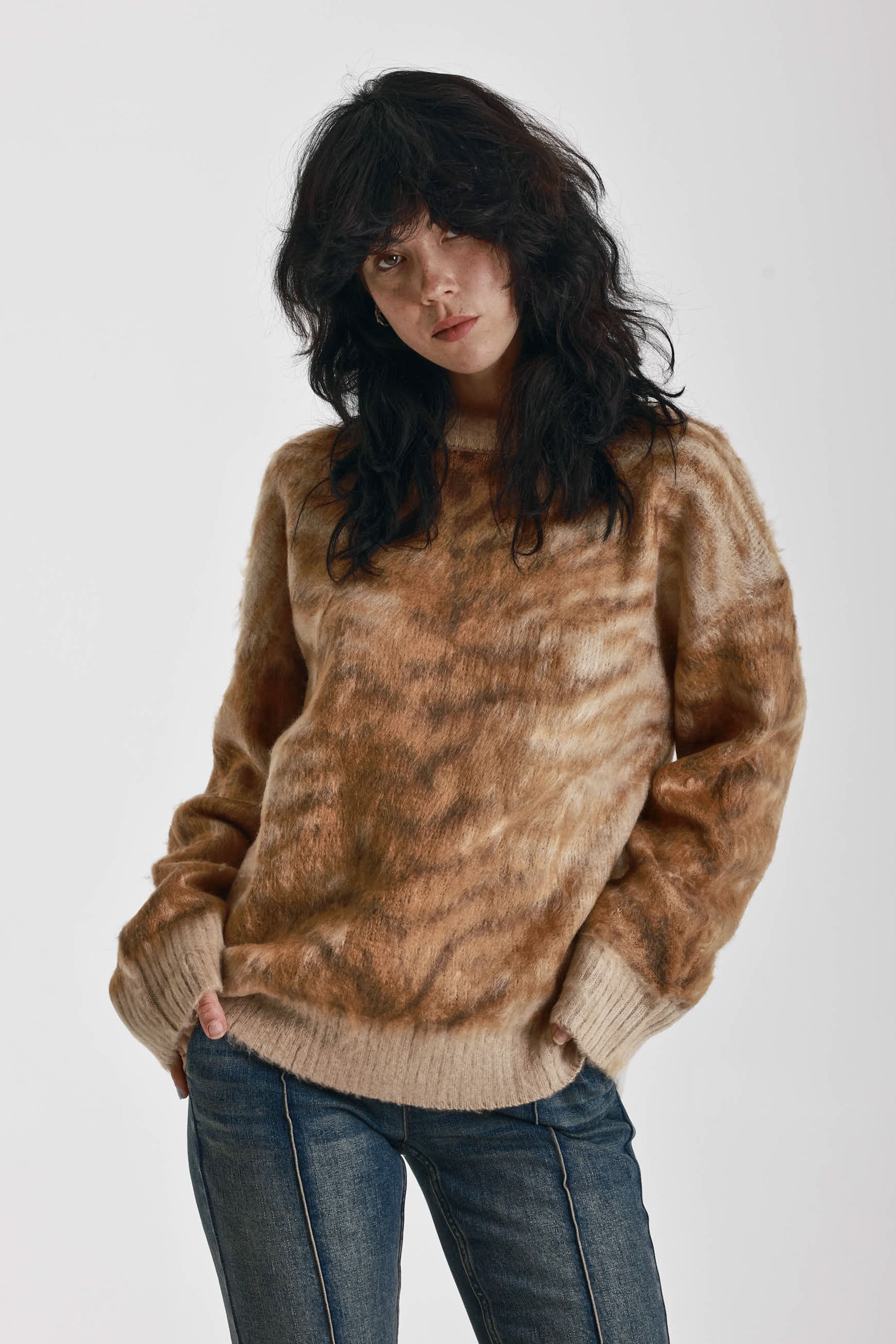 Brown tiger print fluffy knit oversized jumper, worn by model