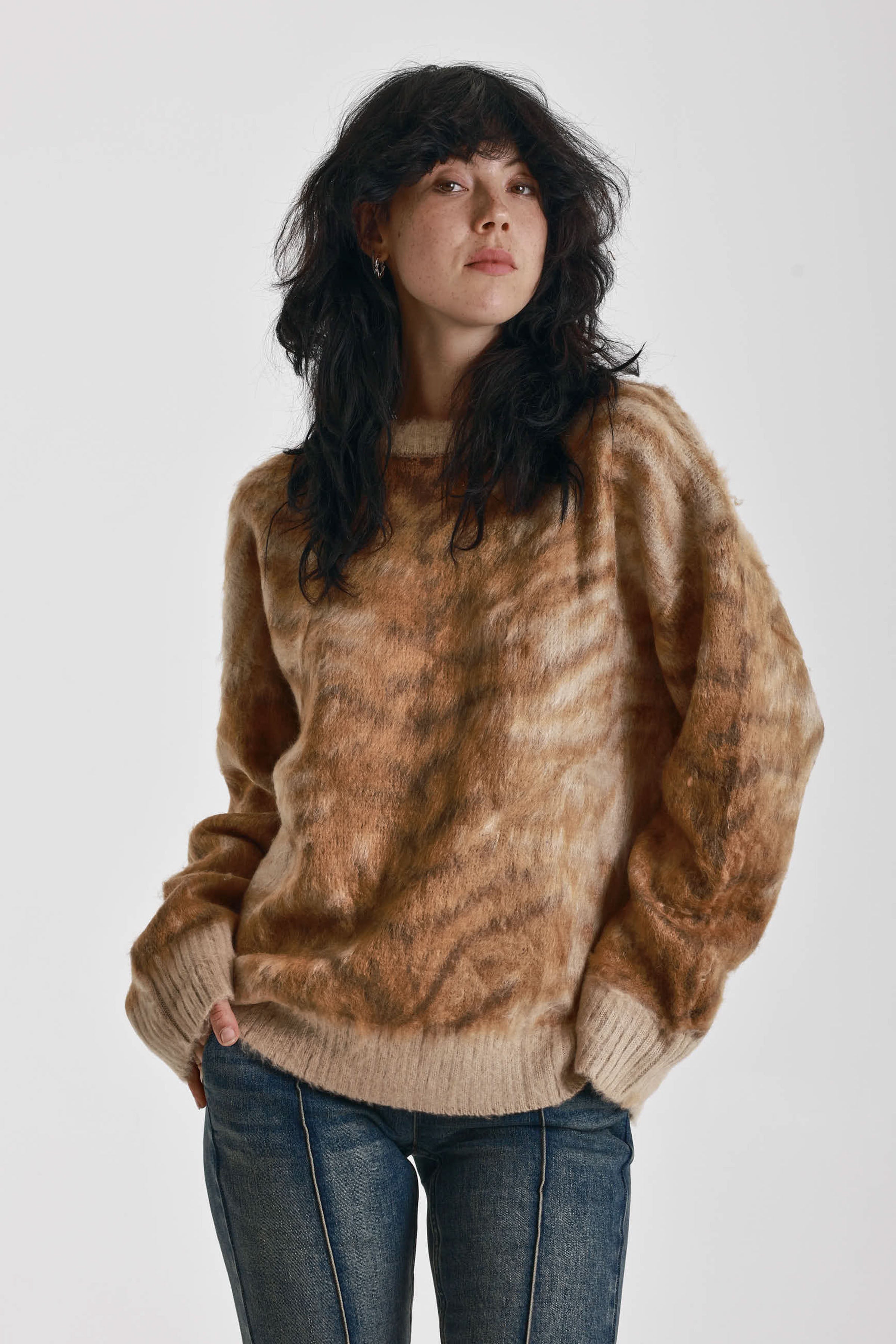 Brown tiger print fluffy knit oversized jumper, worn by model