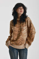 Brown tiger print fluffy knit oversized jumper, worn by model