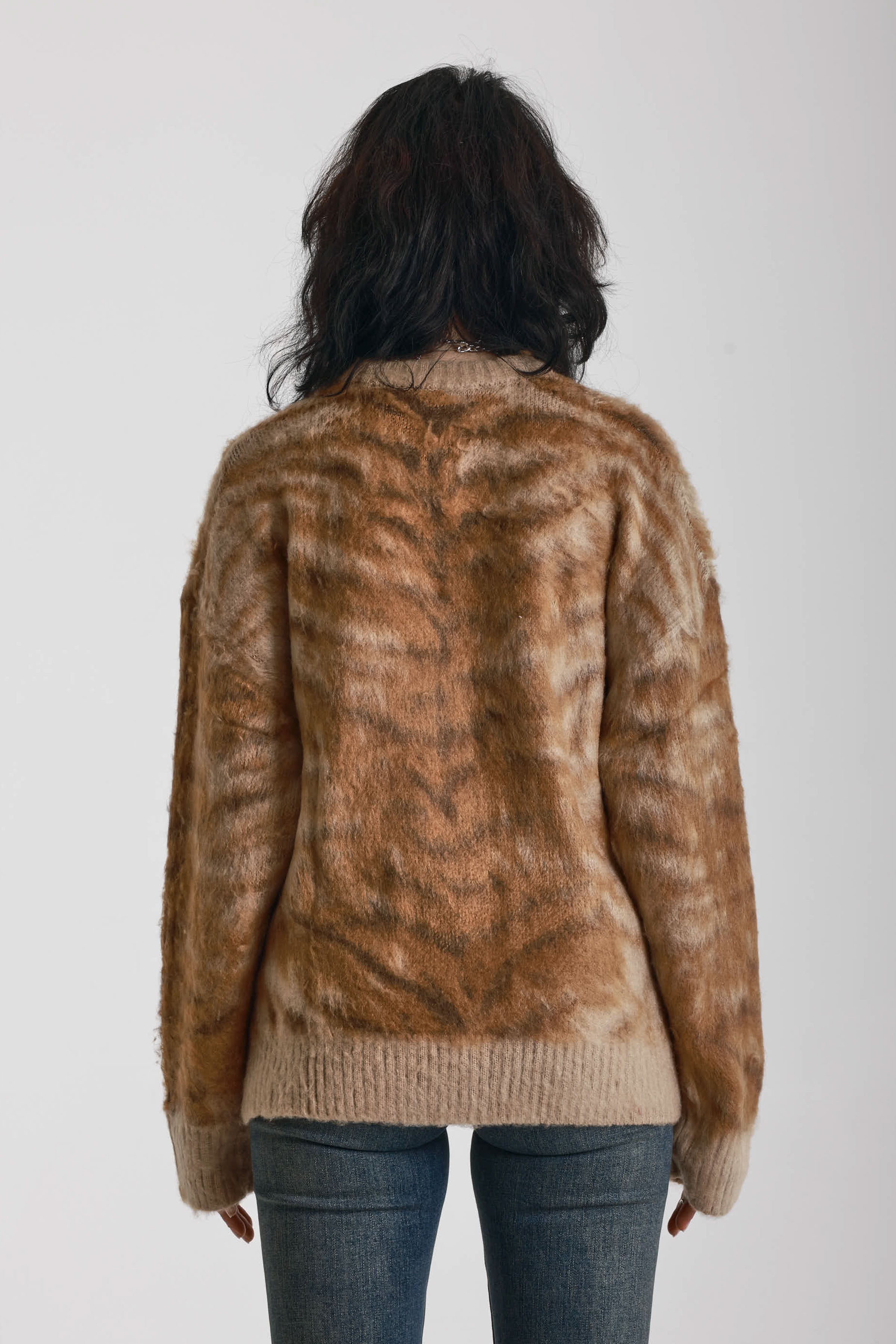 Brown tiger print fluffy knit oversized jumper, worn by model