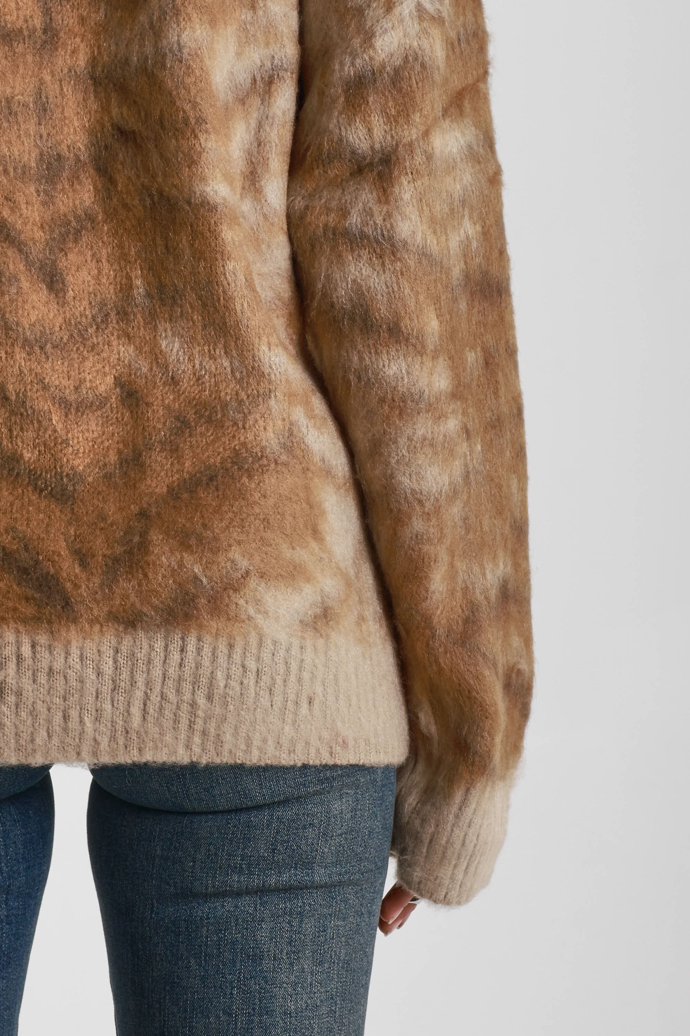 Brown tiger print fluffy knit oversized jumper, worn by model