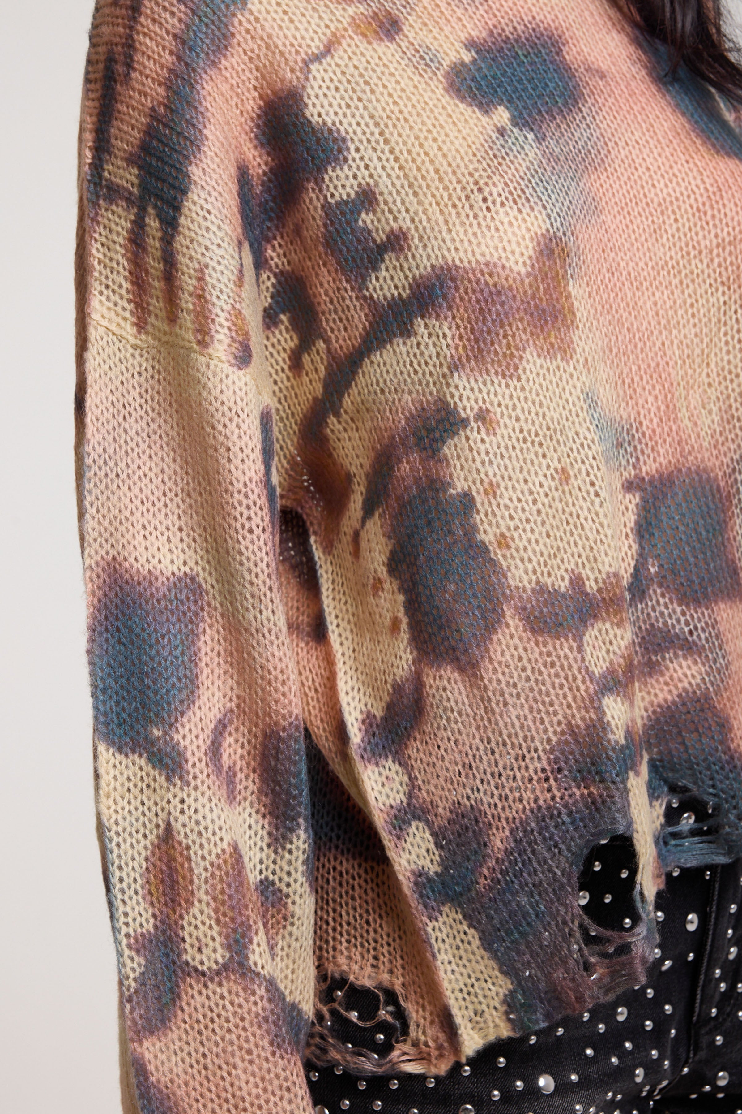 Pastel camo tie dye sheer knit jumper  with grunge distressed detail, worn by model