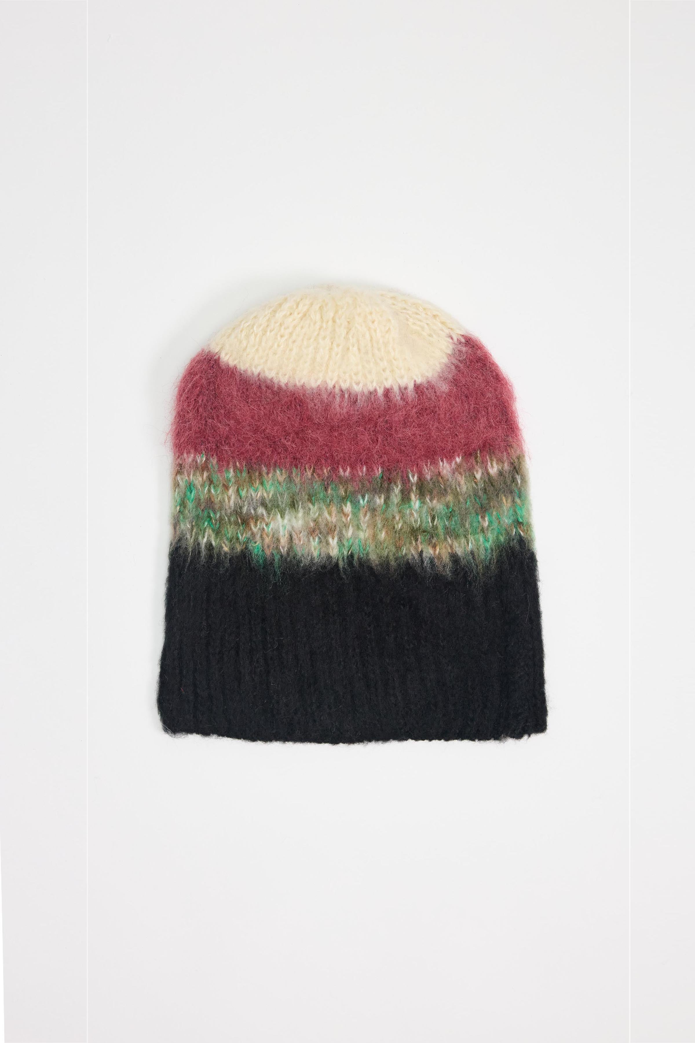 Black, green, pink and ecru textured fuzzy stripe knit beanie winter hat.