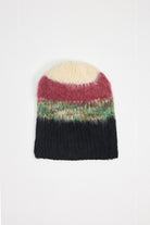 Black, green, pink and ecru textured fuzzy stripe knit beanie winter hat.