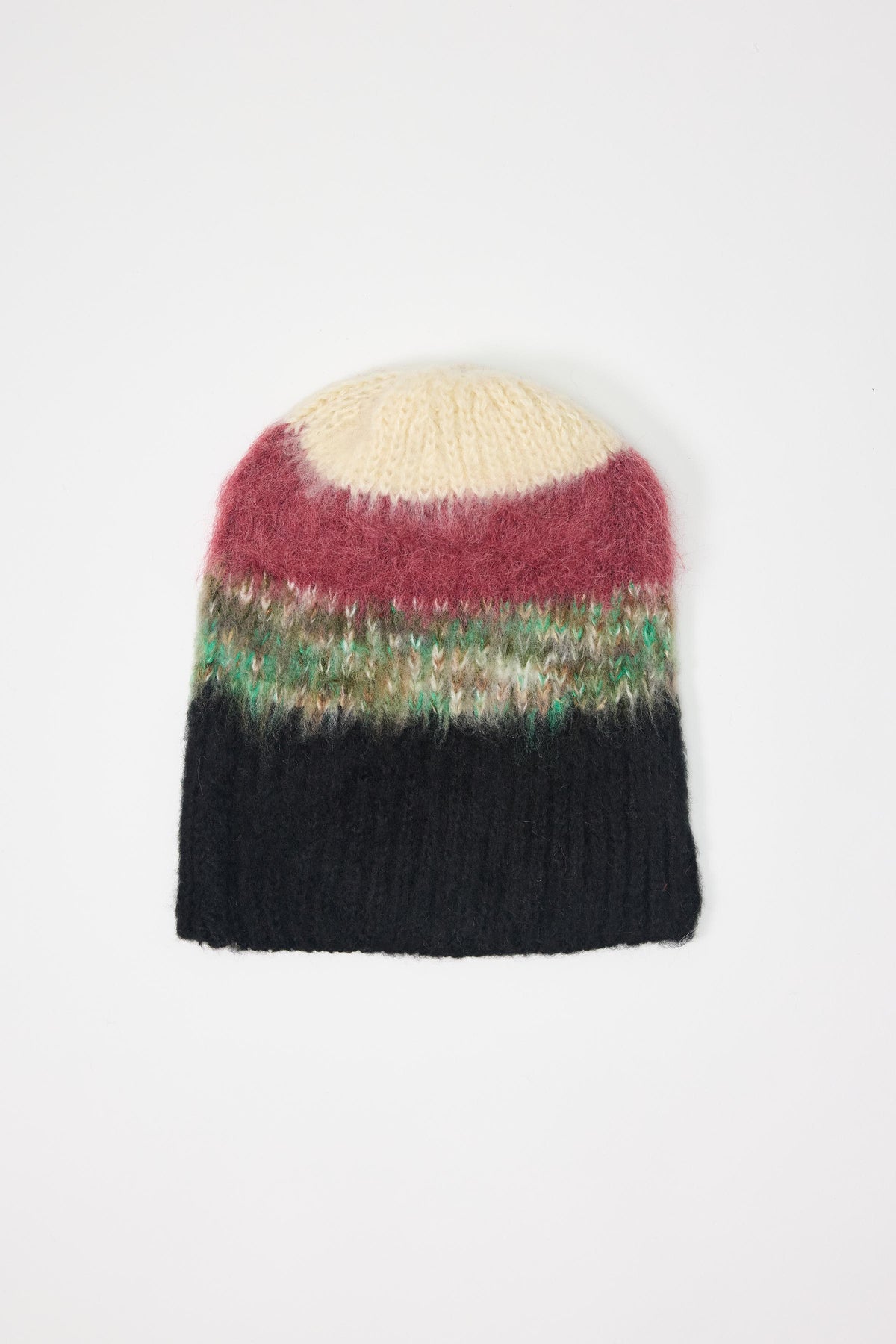 Black, green, pink and ecru textured fuzzy stripe knit beanie winter hat.