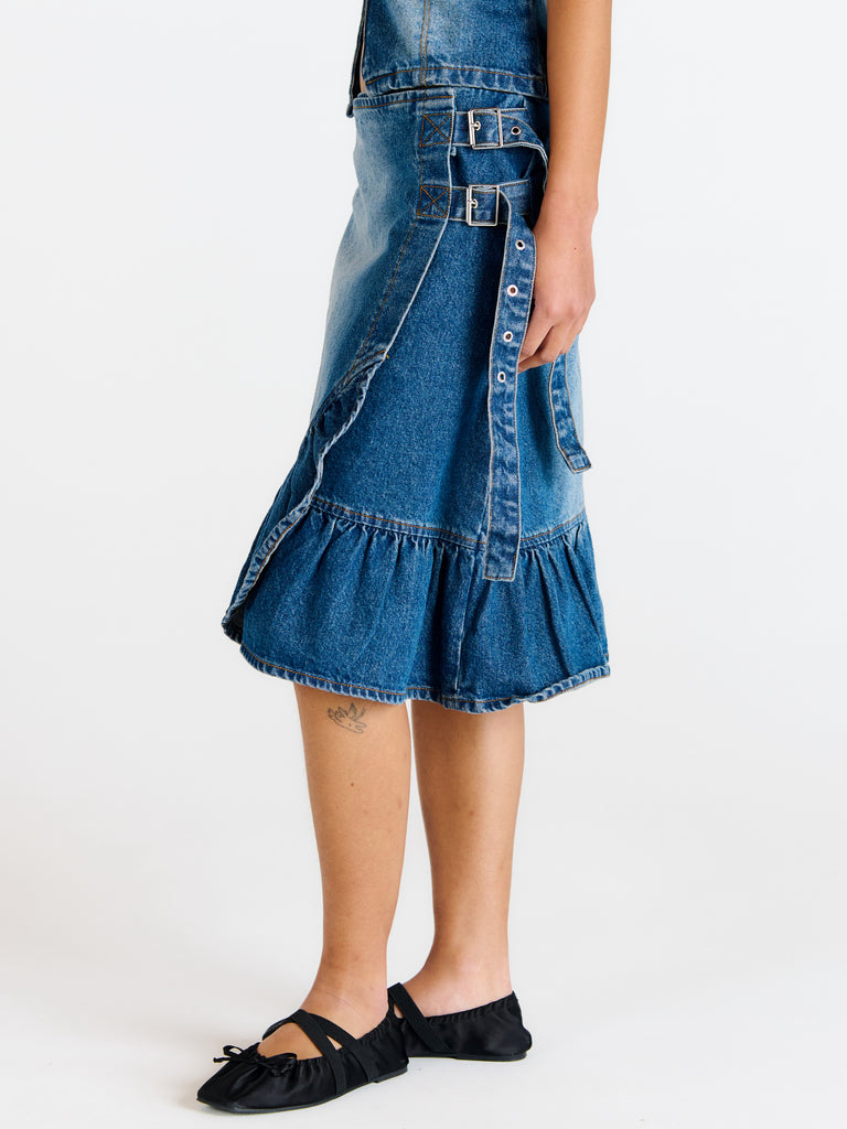 Gail Buckle Denim Wrap Skirt