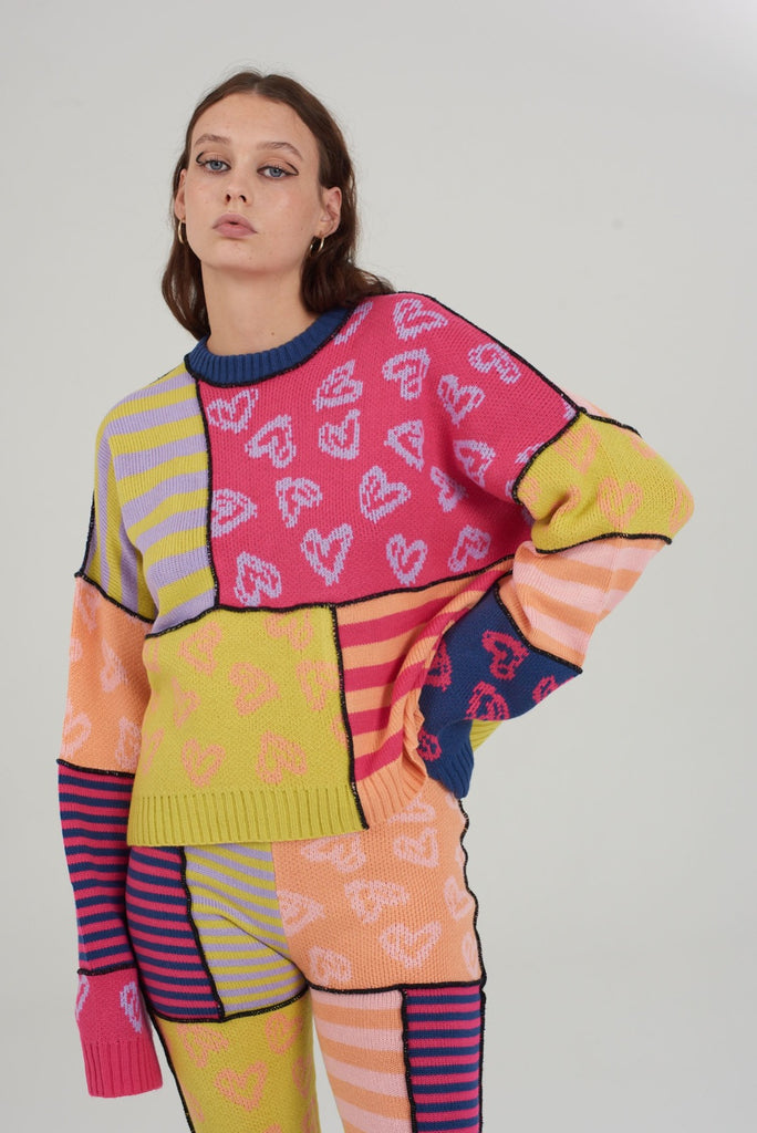 pink, lilac, yellow, blue, navy, peach, orange hearts and stripes mixed panel knitted long sleeve sweater jumper