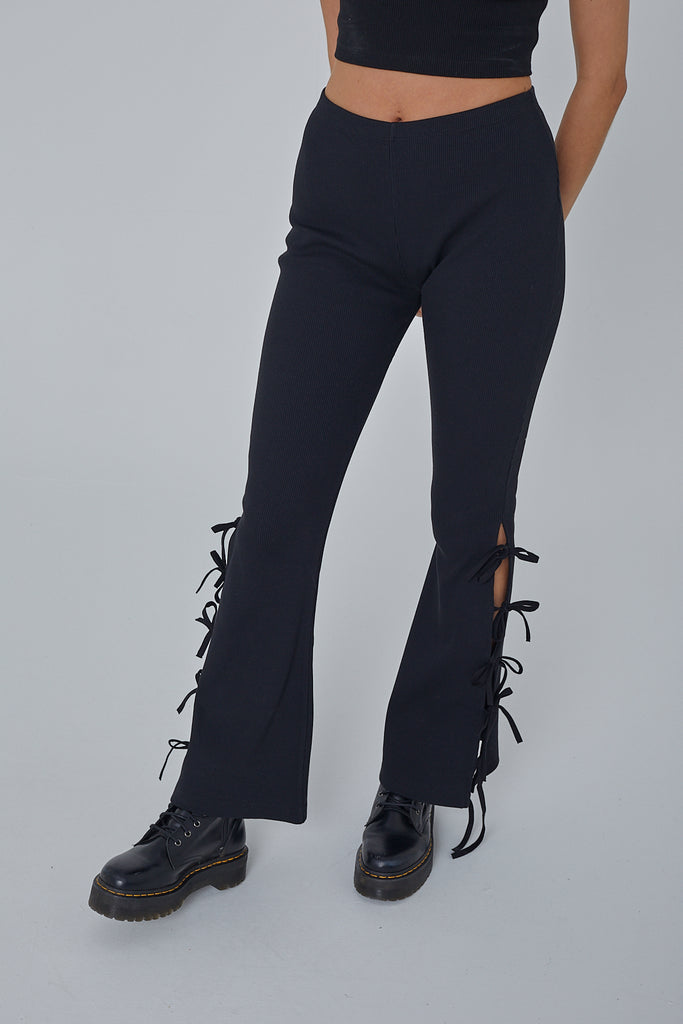 black ribbed fitted flare pants trousers with tie up sides
