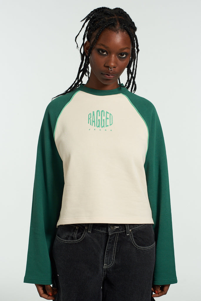 Ragged Green & White Raglan Sweater