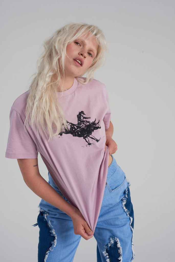 pink short sleeve ringer tee top with black bull rider graphic