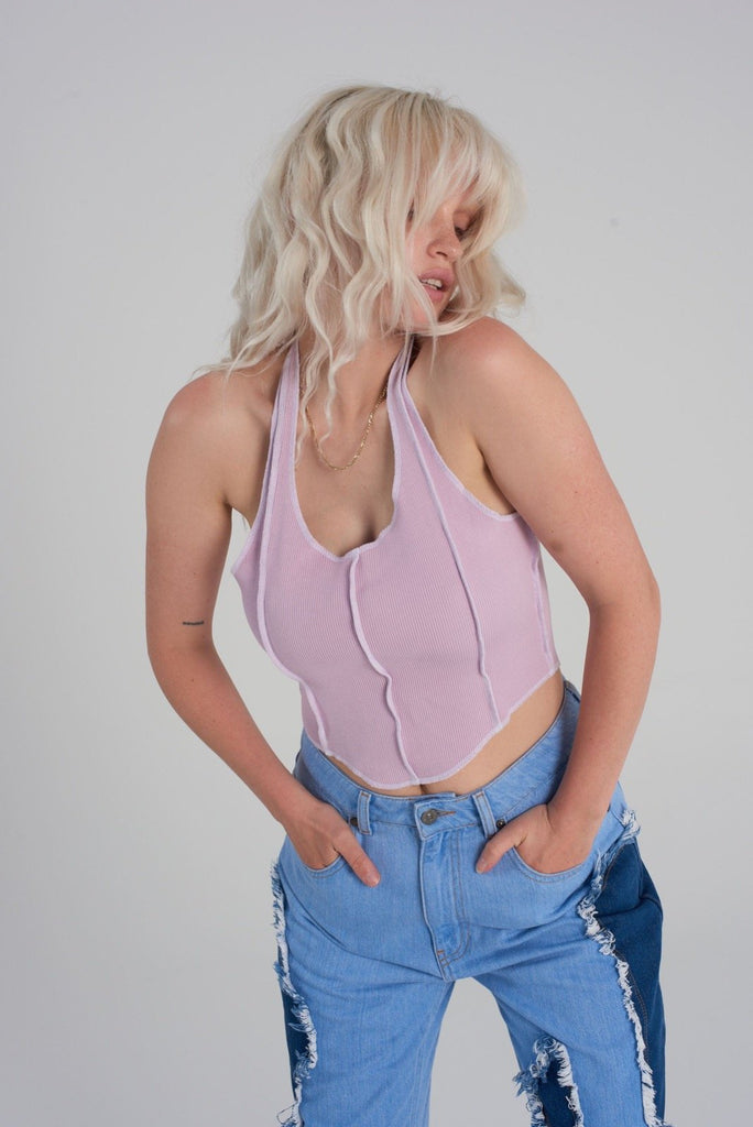 lilac overlocking panel halter neck cropped top