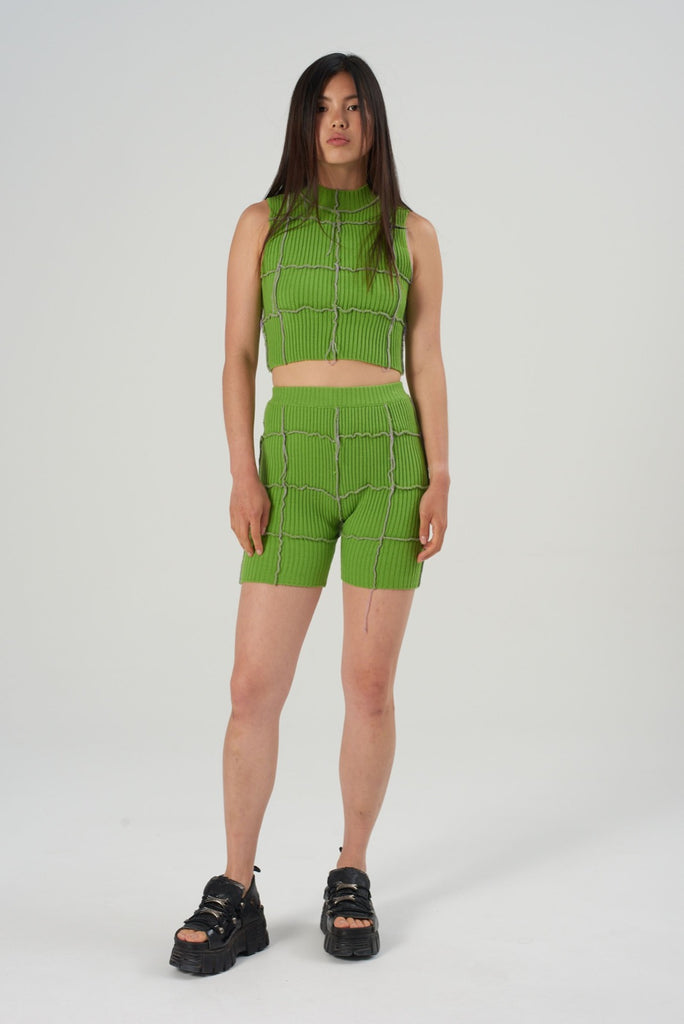 green overlocking panel knitted cycling shorts