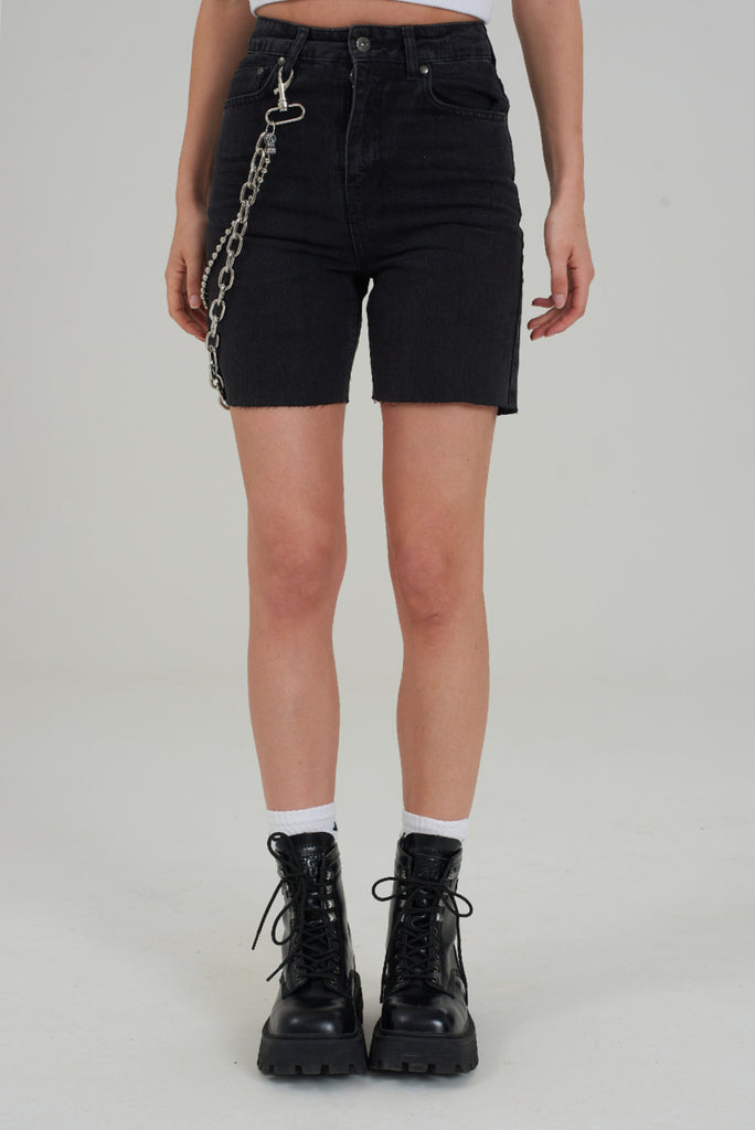 black charcoal denim long line raw hem high waist mom skater shorts with chain