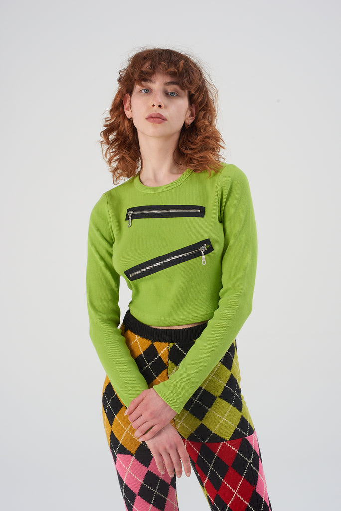 lime green long sleeve ribbed top with zips