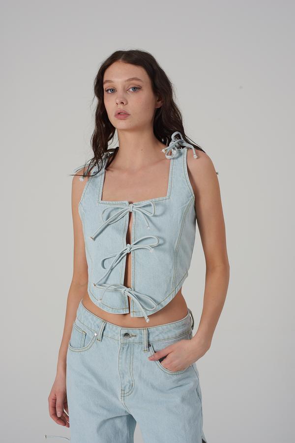 stonewash blue recycled denim tie front short sleeve vest top with tie up sleeves